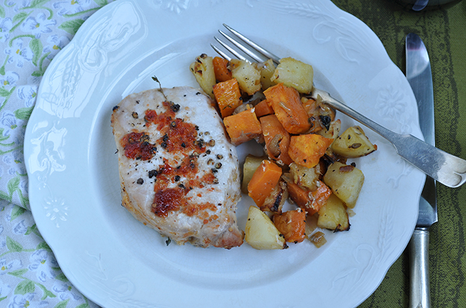 Sheet Pan Supper Pork Chops with Sweet Potato and Pepper Jelly Glaze